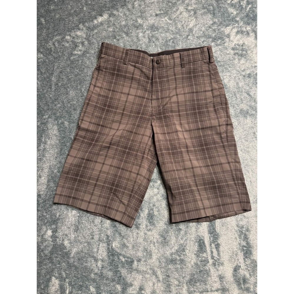 Nike Golf Mens Dri-Fit Plaid Shorts Brown Grey Size 30 Flat Front Stretch